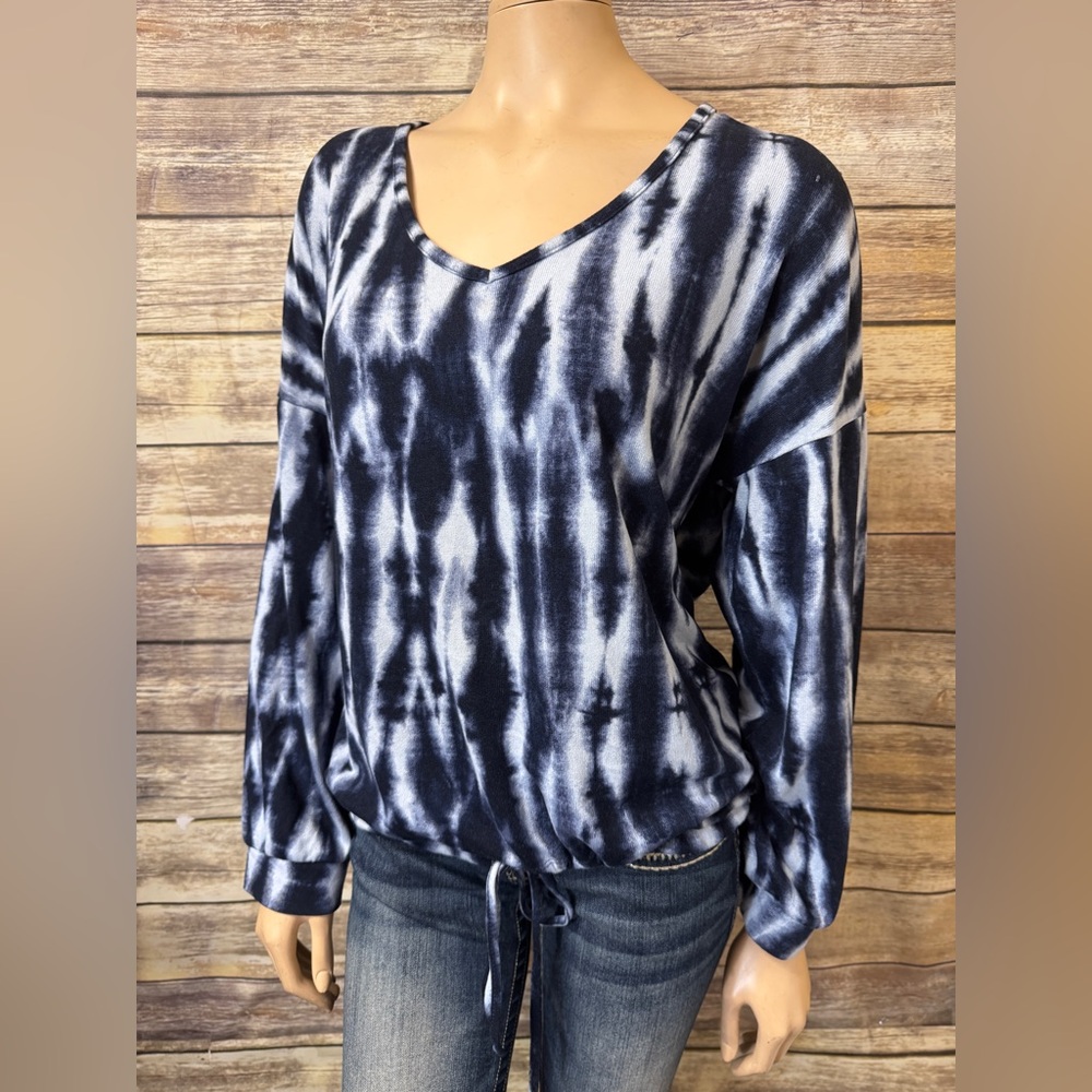 Lucky Brand Top V Neck Sweater XL Tie Dye Blue Cinch Waist‎ Soft Extra Large